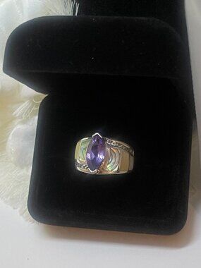 Marquise Amethyst & Opal Inlay 925 Sterling Silver Ring Size 8
